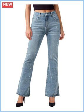 High Rise Flare Jeans Rhinestone Stretchy Denim Bootcut Cropped Pants